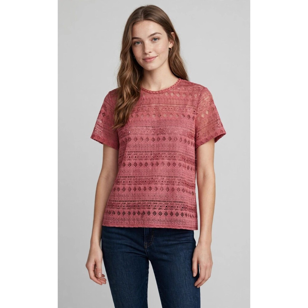 LOFT Pink Crochet Lace Top Womens L Short Sleeve Eyelet Button Back Boho NWT